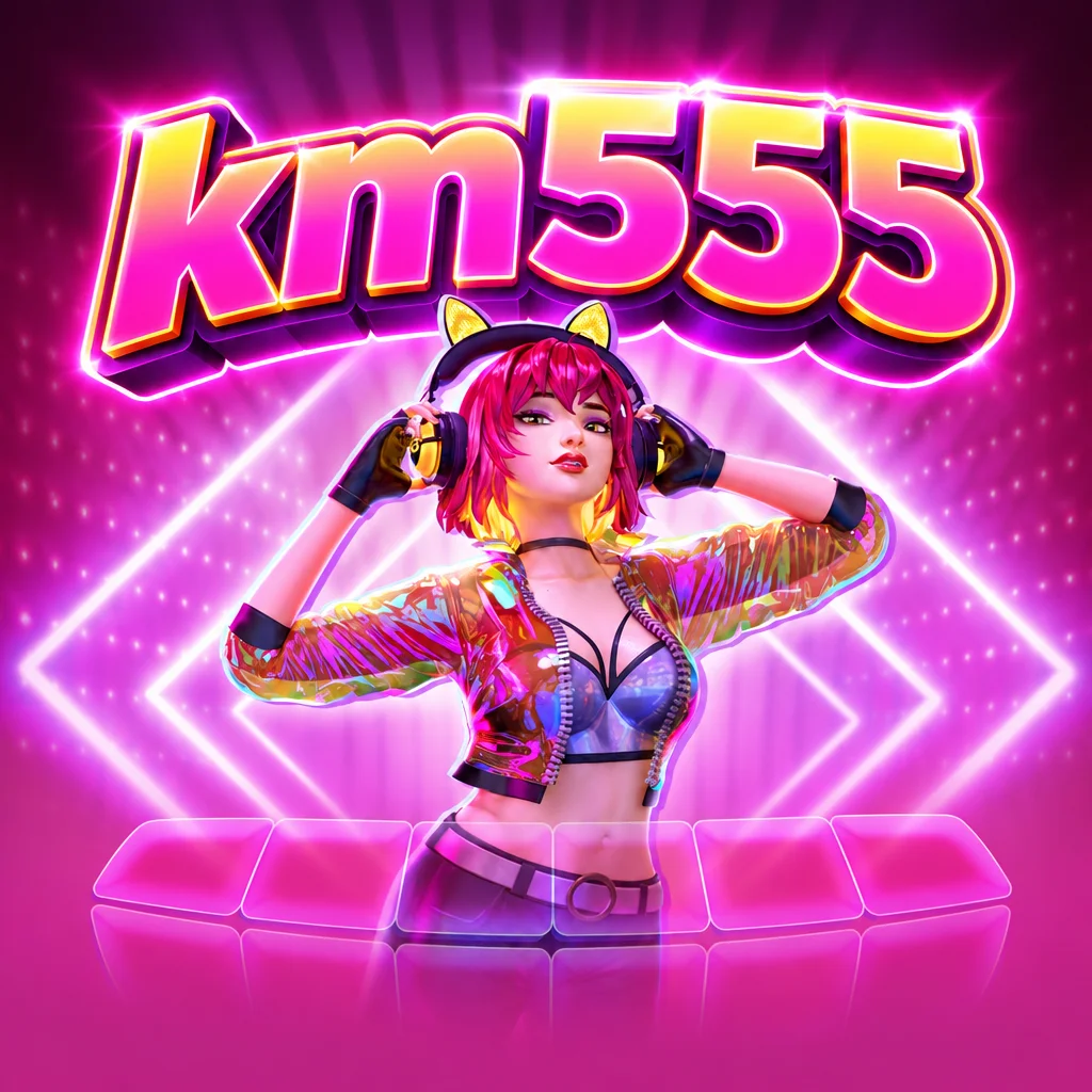 km555 Rave Party Fever dengan karakter DJ berambut merah muda dan lampu neon