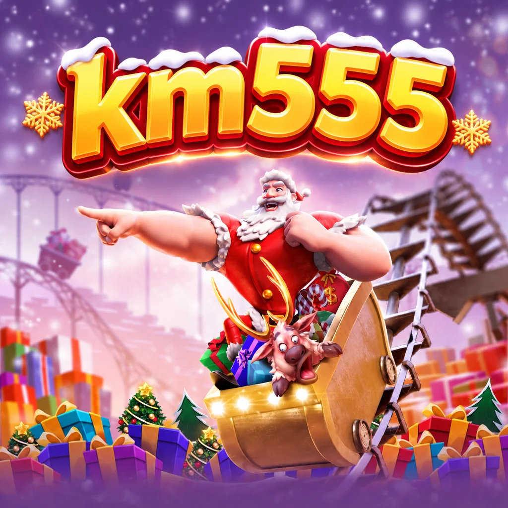 km555 Santa's Gift Rush menampilkan Sinterklas menaiki kereta luncur di antara tumpukan kado